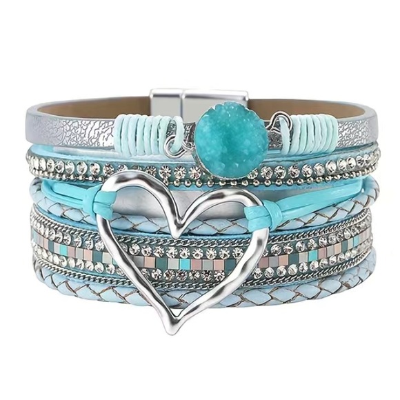 Jewelry - Light Blue Leather Multi Layer Heart Crystal Druzy Magnetic Bracelet